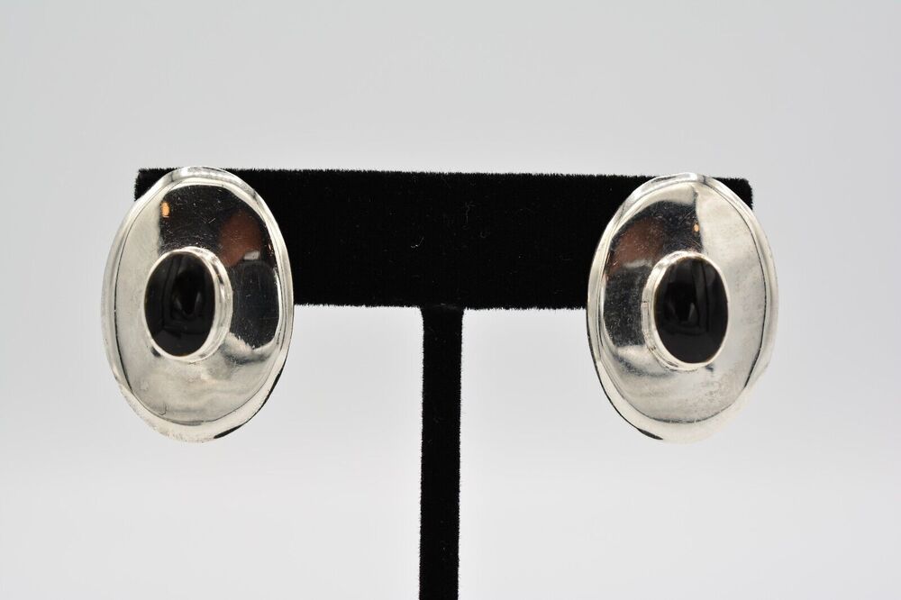 Taxco Vintage Clip On Earrings 925 Sterling Silver TC-288 Tribal Signed 1980s 9H